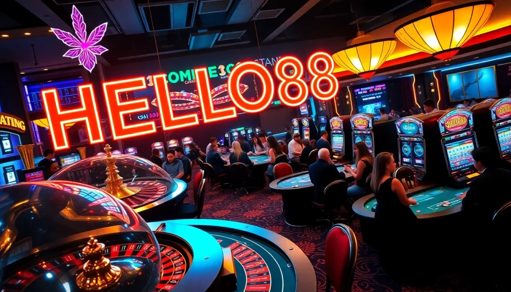 HELLO88 shines brightly on a neon casino sign, attracting players to vibrant tables and exciting slot machines.