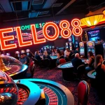 HELLO88 shines brightly on a neon casino sign, attracting players to vibrant tables and exciting slot machines.